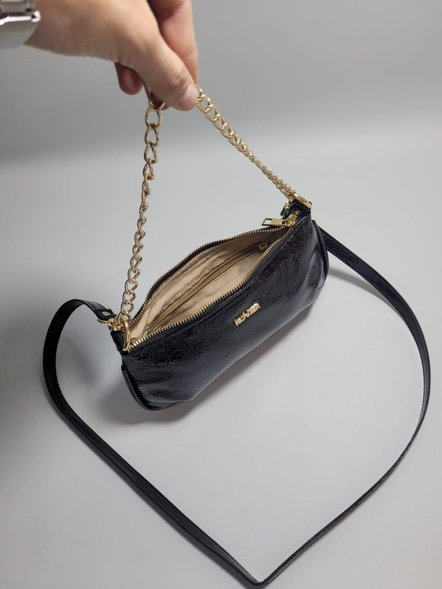 Bandolera Ibiza en cuero genuino negro charol