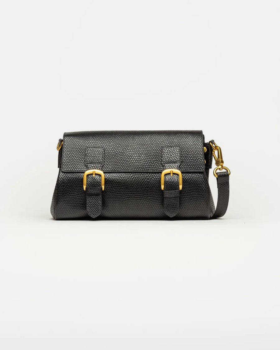 Bandolera Elise en cuero snake bitono negro