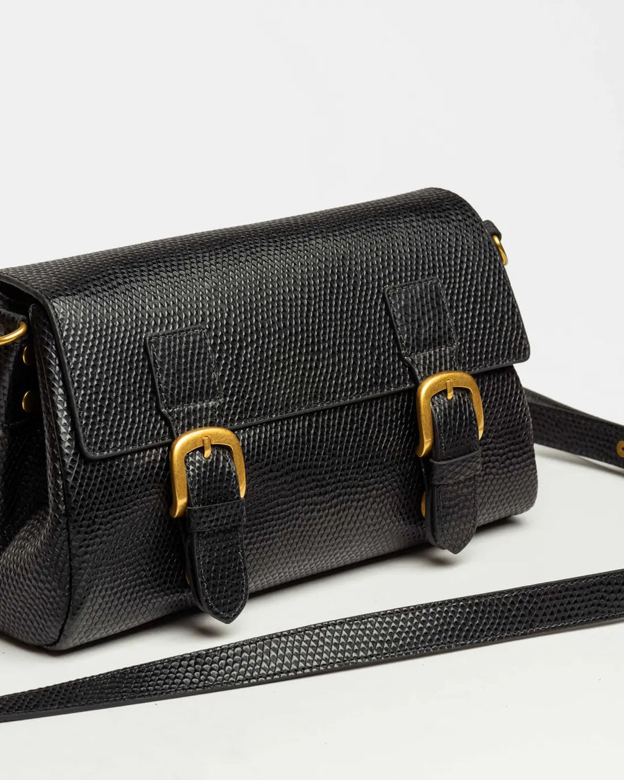 Bandolera Elise en cuero snake bitono negro