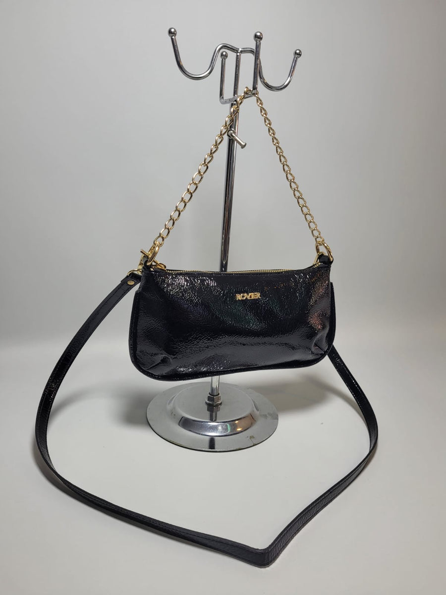 Bandolera Ibiza en cuero genuino negro charol