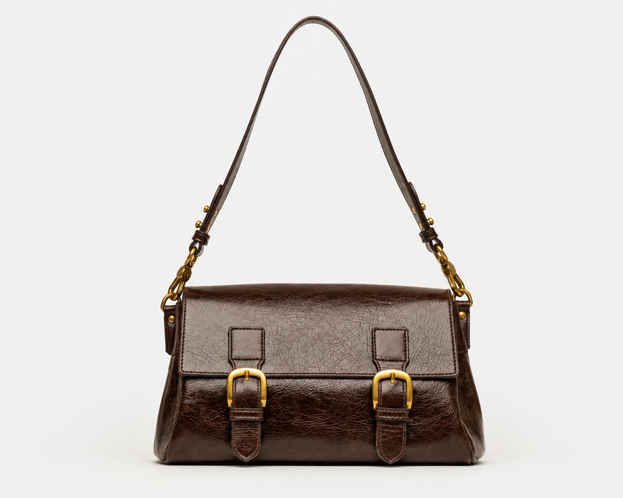 Cartera al hombro Elise en cuero arrugado chocolate