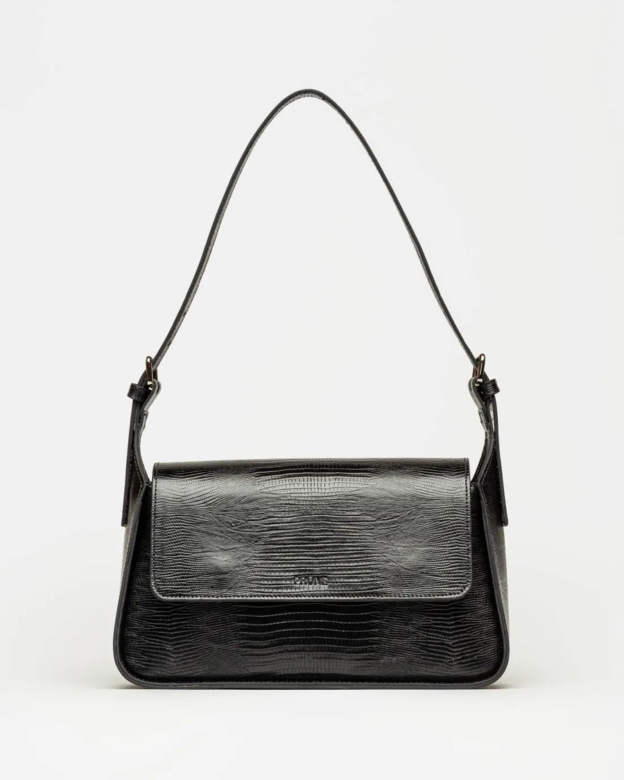 Cartera al hombro Nicola en cuero lagarto negro