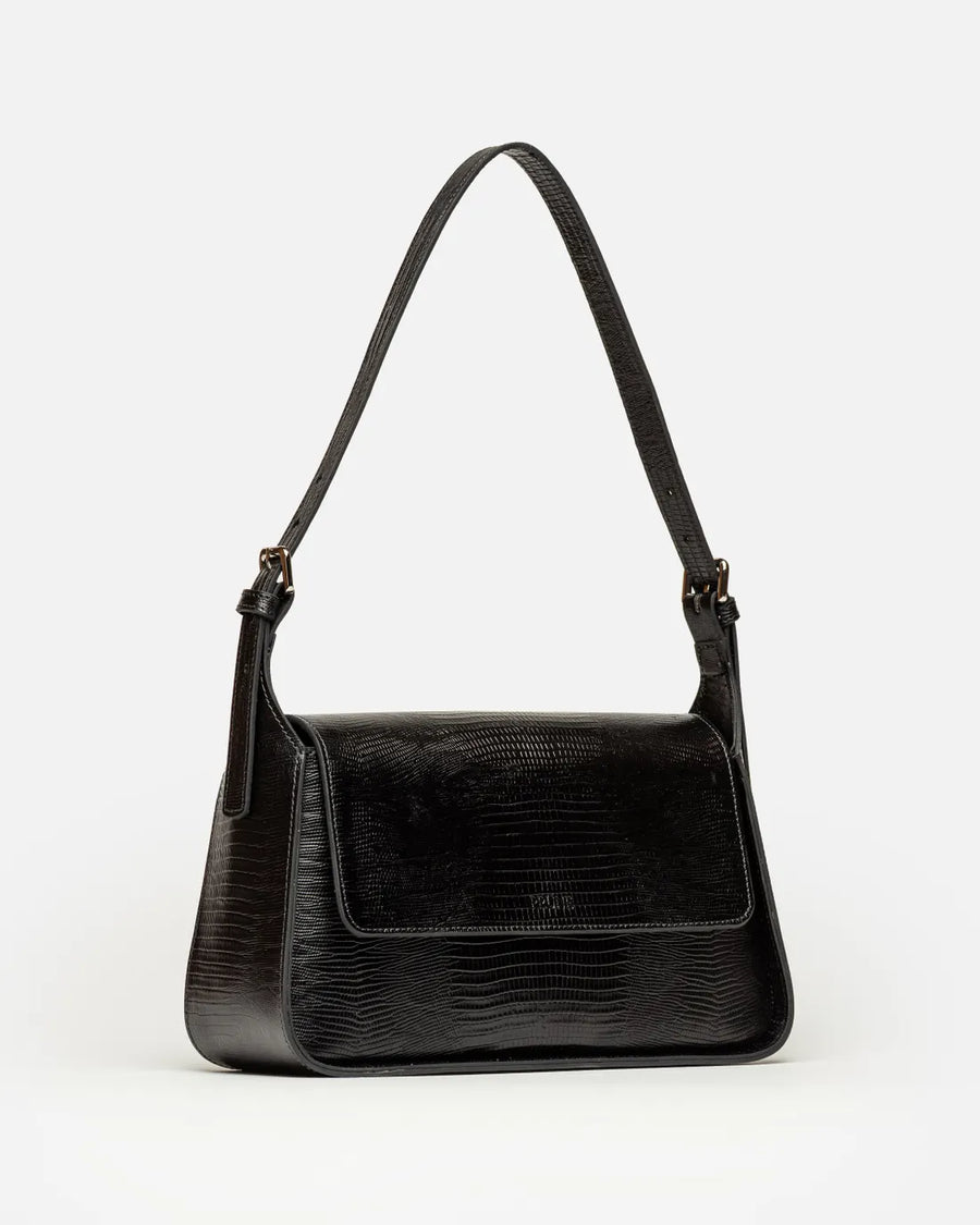 Cartera al hombro Nicola en cuero lagarto negro