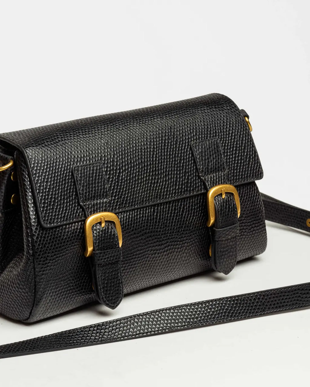 Bandolera Elise en cuero snake bitono negro