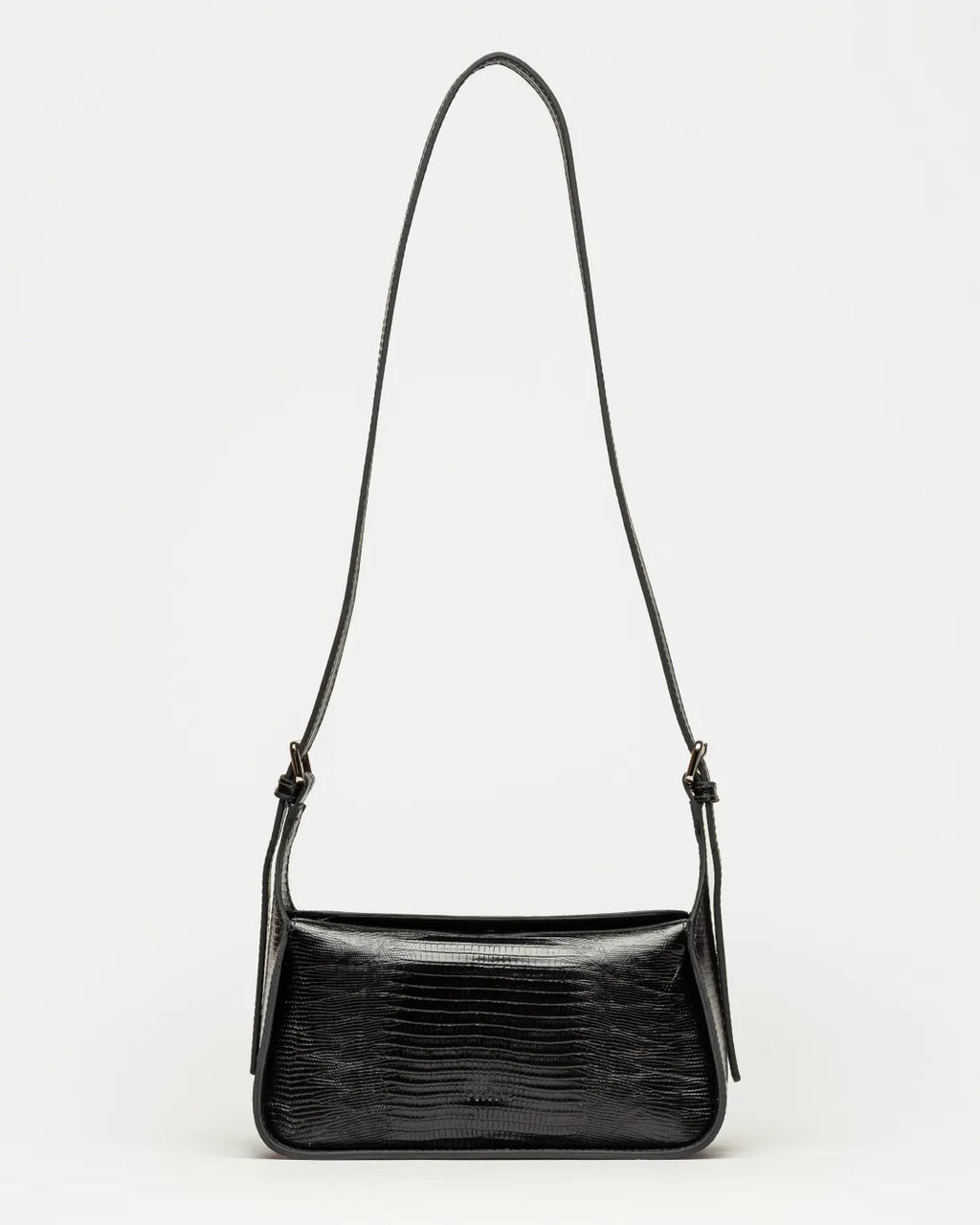 Bandolera Nicola en cuero lagarto negro
