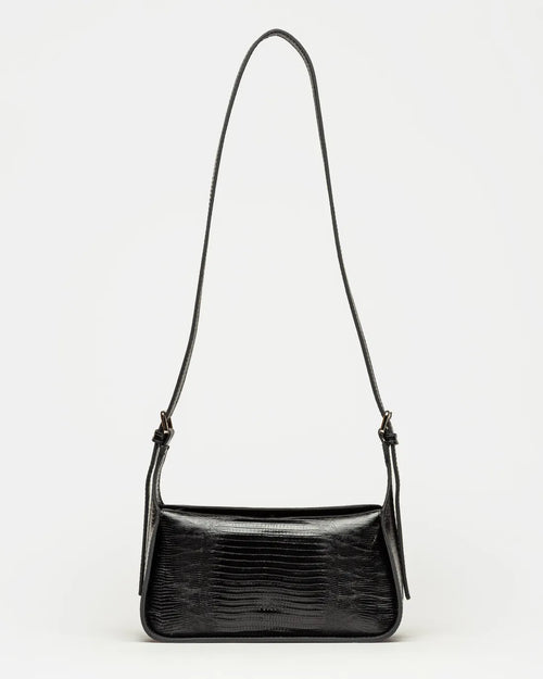 Bandolera Nicola en cuero lagarto negro