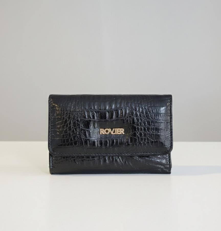 Billetera Mediana de Mujer en cuero croco charol negro