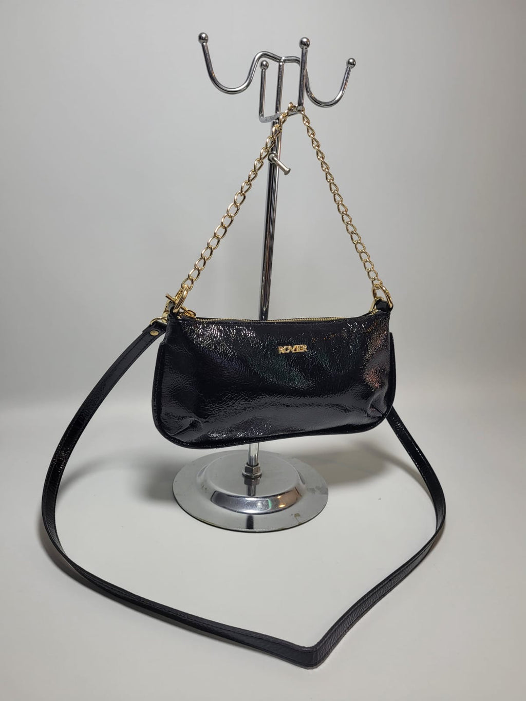 Bandolera Ibiza en cuero genuino negro charol