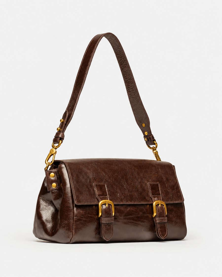 Cartera al hombro Elise en cuero arrugado chocolate