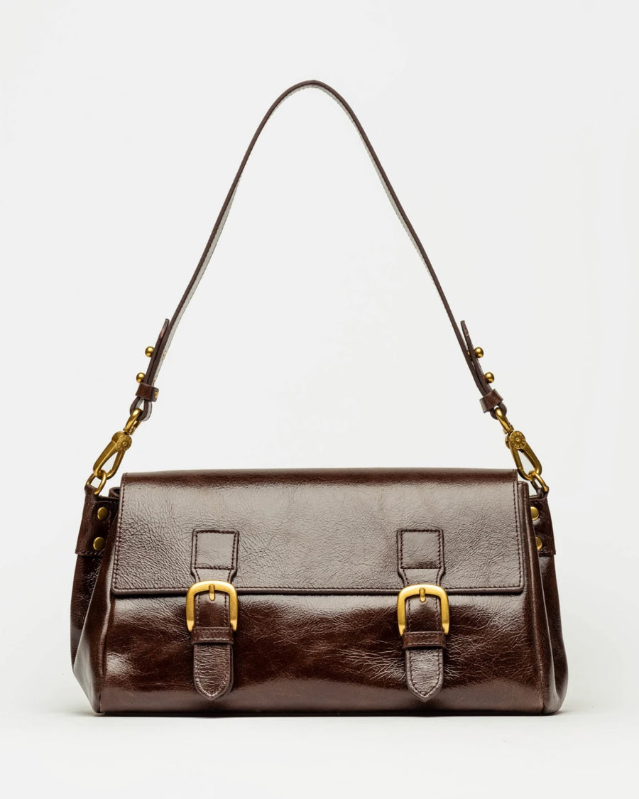 Cartera al hombro Elise en cuero arrugado chocolate