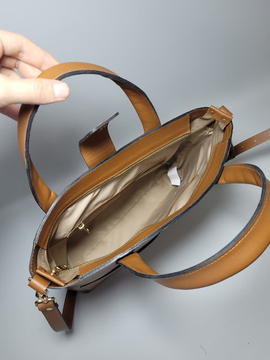 Bolso Francia en cuero genuino coñac